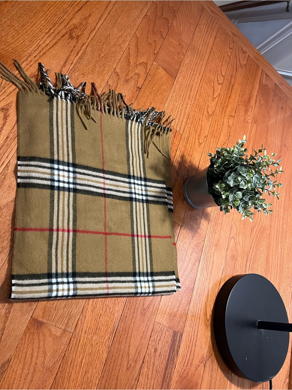 V. FRAAS Olive Plaid Fringed Cape Scarf with Black, Cream and Red Stripes